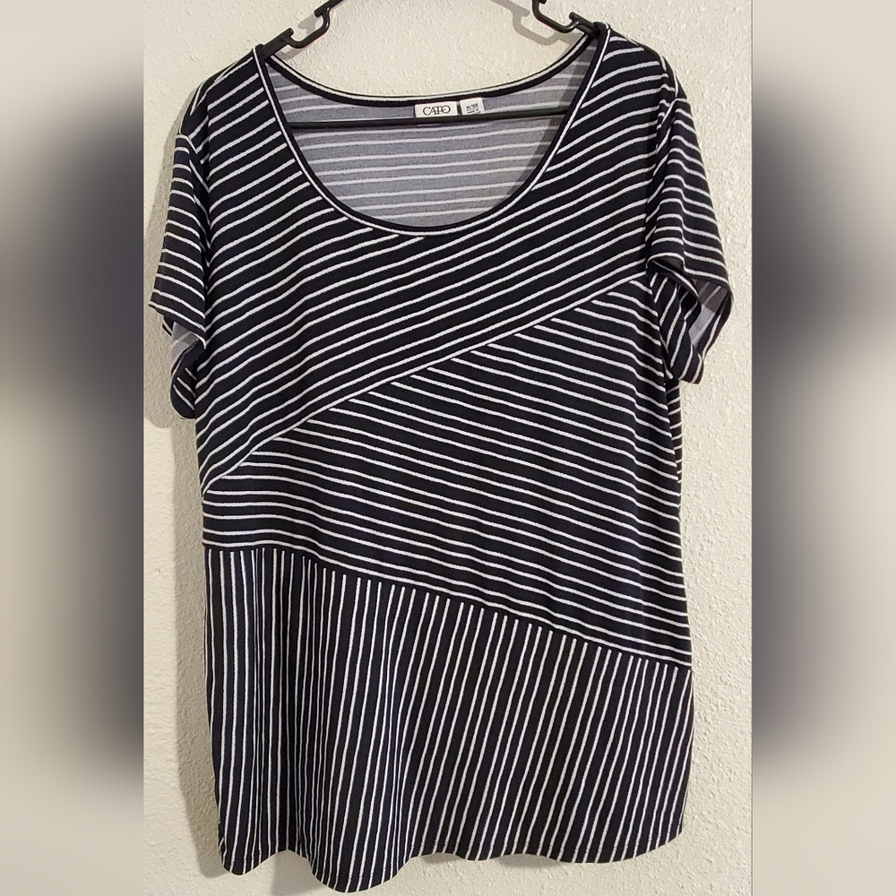 CATO Black and White Asymmetrical Striped Blouse